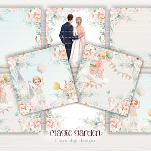 Zauberhafte Hochzeit digitale Papiere, Scrapbooking Karte für Baby Shower selbstgemachte Geschenke, handbemalte Pfingstrosen