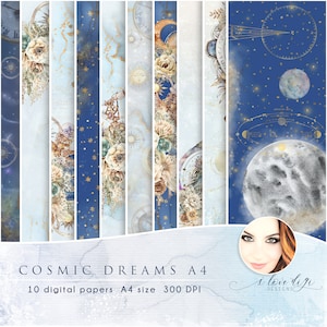 Celestial astronomy digital paper pack voor zelfgemaakte kaarten maken, Afdrukbare astrologie crafting ephemera, Aquarel kosmos, A4-formaat