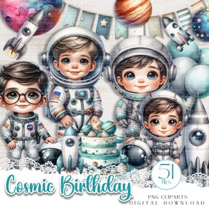 Wunderliche Astronauten Kinder, 51 Cliparts mit transparentem Hintergrund, Cosmic Birthday Boy digital Fussy Cut, Sublimation und Kartenherstellungskunst