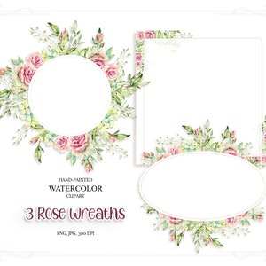 Conjunto de 3 coroas de rosas para cartões de felicitações, elemento florido de download digital, salve o quadro de data