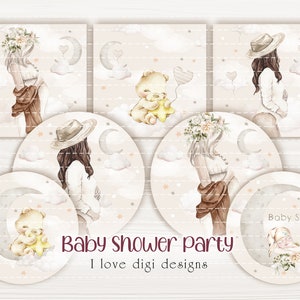Babyshower digitale tags set, pastel papier set voor welkom babykaarten, boho viering digitale download
