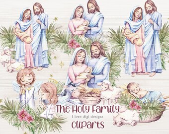 The Holy Family digital stamp, Nativity scene for cardmaking, Religious cutting files, PNG clipart set