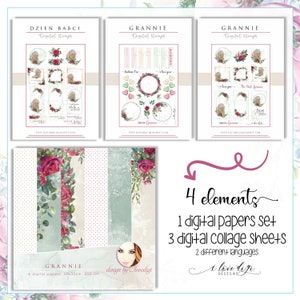 Bundle set - Grannie, Roses rouges sur fond vert et beige, set papier numérique, 3 feuilles de collage numériques, Éléments floraux pour la fabrication de cartes