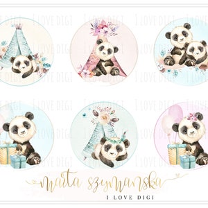 Zoete aquarelpanda's, digitaal collageblad, directe download, pastel digitale postzegelset, markeringen, etiketten
