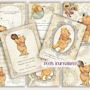 Kit de diario de Pooh, efímera vintage con el clásico oso Winnie, arte de collage digital para diseño de Smash Book.