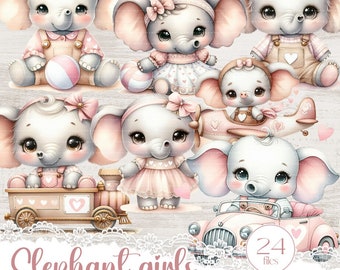 Baby Elephants Girls clipart set, Watercolor 23 PNG with cute pastel safari animals, Whimsical creative set for sublimation and scrapbook