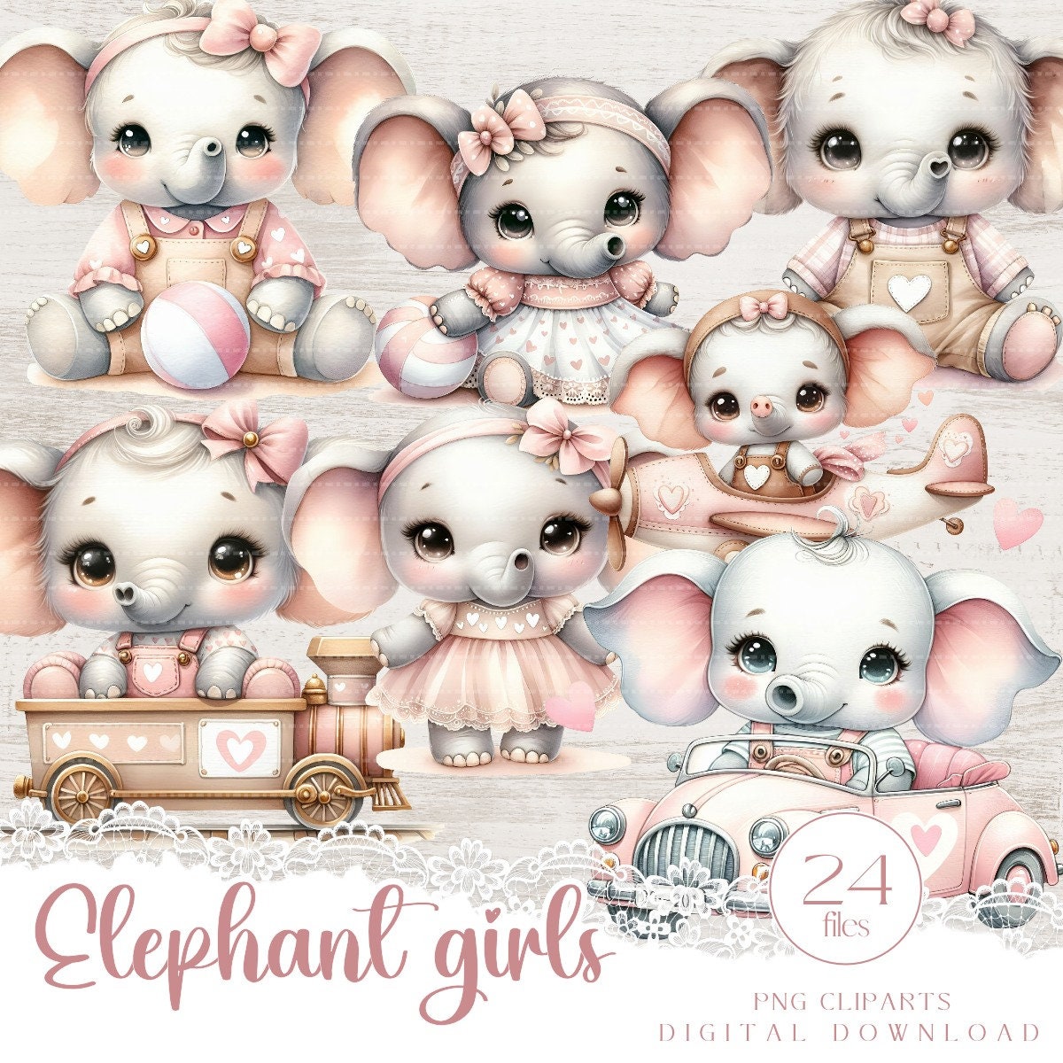Baby Elephants Girls clipart set, Watercolor 23 PNG with cute pastel safari animals, Whimsical creative set for sublimation and scrapbook
