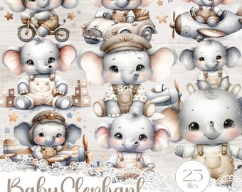 Baby Elephants clipart set for cardmaking and sublimations, 23 PNG with cute watercolor safari animals, Whimsical printable creative set