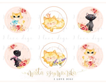 Sweet watercolour cats, illustrations, pocket mirrors, tags, scrapbooking, cupcake toppers,