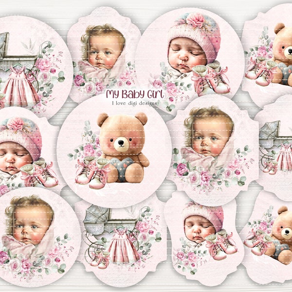 Neugeborener druckbarer Collagebogen mit Baby Mädchen Motiv. Baby Shower Anhänger für süße Cupcake Toppers. Digitale Shabby Chic Elemente zum Basteln.