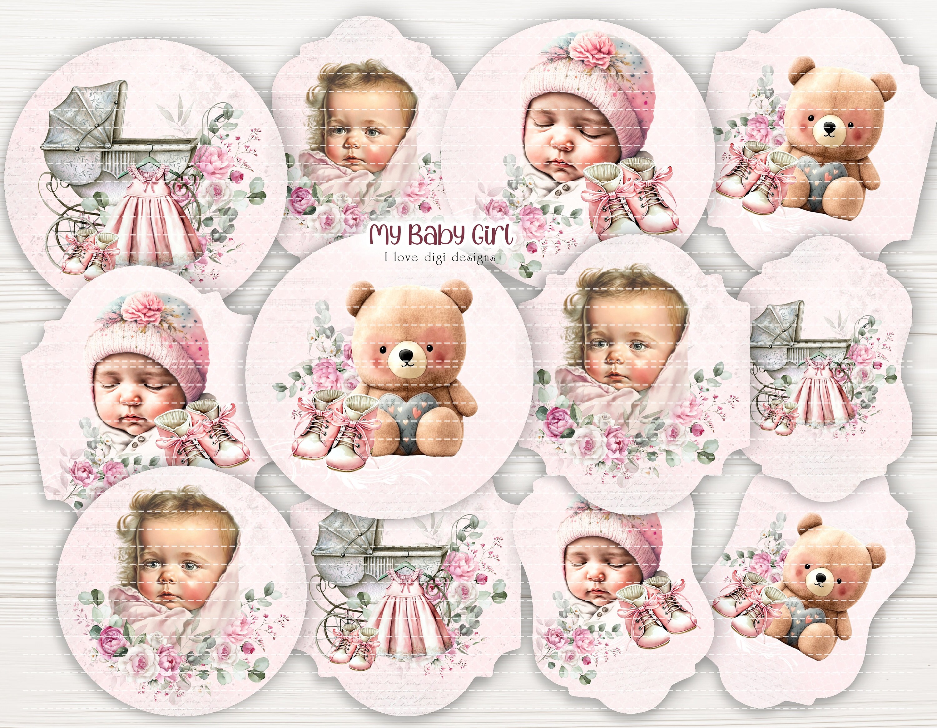New born printable collage sheet with baby girl motif. Baby shower tags for cute cupcake toppers. Shabby chic digital elements for craft.