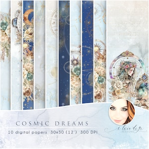 Celestial astronomy digital paper pack voor zelfgemaakte kaarten maken, Afdrukbare astrologie crafting ephemera, Aquarel maan, hemel met sterren