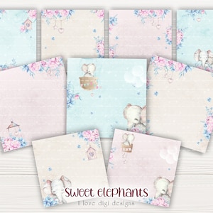 Kleine Elefanten und handbemalte Pfingstrosen digitale Papiere, Pastell Scrapbooking Set für Baby Shower DIY Party Dekor, Direkter Download.