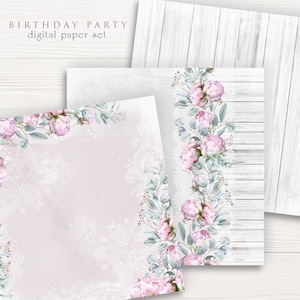Pack de papier numérique floral pour travaux manuels faits main, pivoines aquarelles avec ballon doré sur le thème, album de scrapbooking imprimable pour jeu de cartes d'anniversaire
