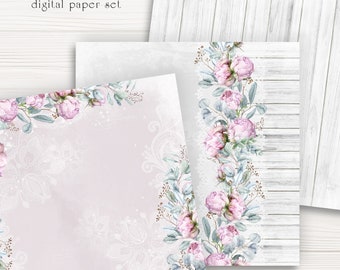 Floral digital paper pack for handmade crafts, Watercolour peonies with gold balloon themed, Printable Scrapbook for Birthday card set