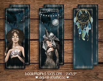 Fantasy grimoire digital bookmarks, Witches theme reading accessories for Halloween scrapbook and magic junk journal