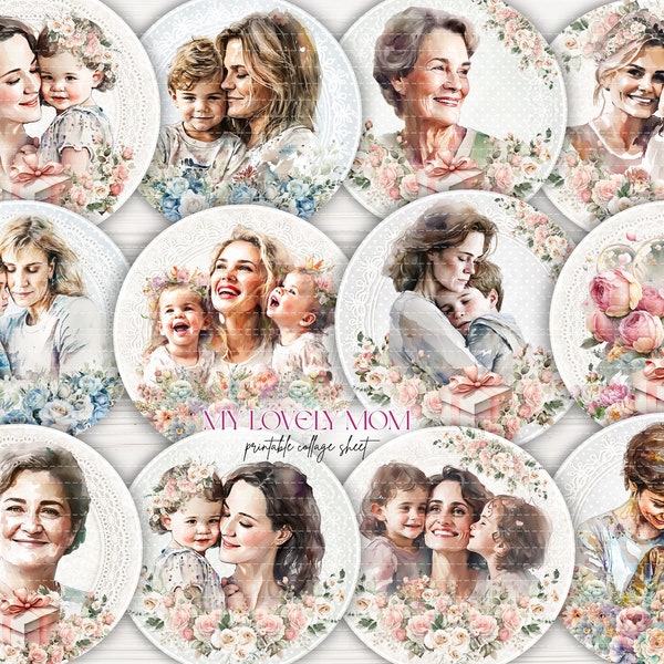 Maman avec enfants image PNG imprimable numérique shabby chic, joyeux anniversaire maman, étiquettes vintage florales pour cartes faites à la main, impression coupée et ferraille