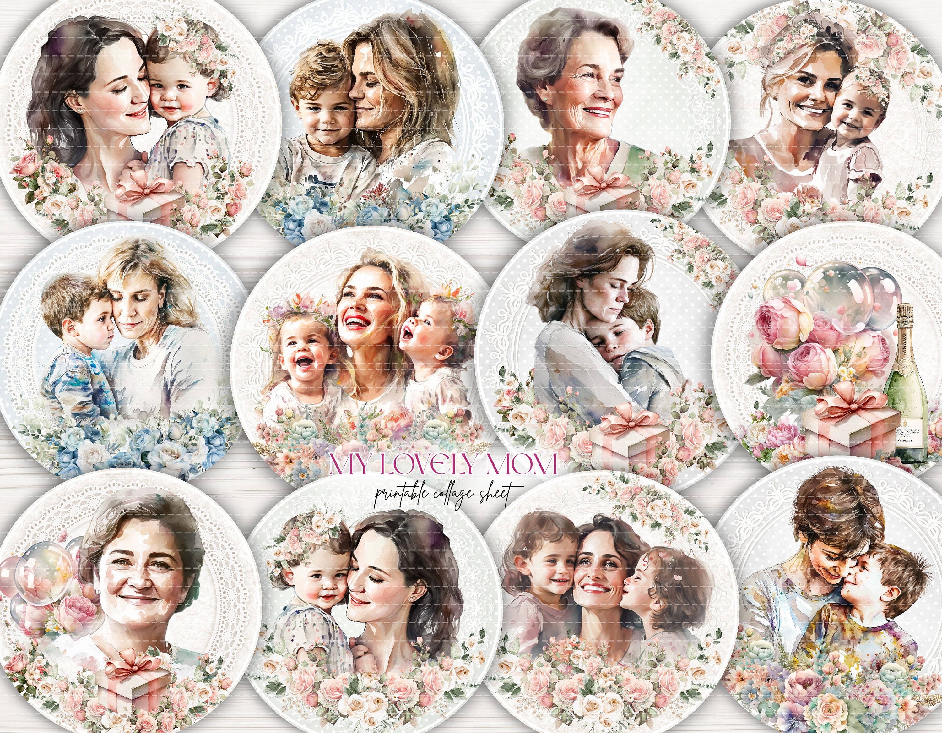 Mutter mit Kindern digitales shabby chic druckbares PNG Bild, Happy Birthday Mama, Florale Vintage Tags für handgemachte Karten, Print ausgeschnitten und Scrap