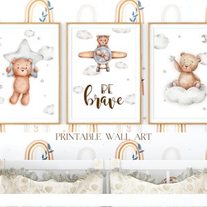 Be brave three bears motivation posters set for Grandsons gift, Minimalist decor with woodland animals for boho style bedroom