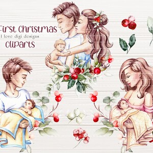 Il nostro primo set di clipart natalizie, File PNG per scene di famiglia per la creazione di carte, Illustrazioni ad acquerello per il taglio