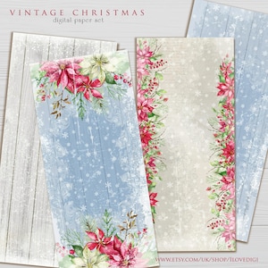 Papéis digitais para cartões de Natal e Junk Journal, padrão de poinsétia em aquarela para decoração festiva DIY