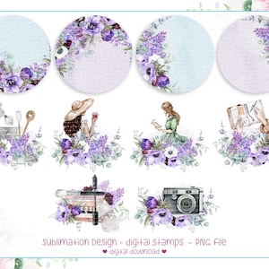 Lila Anemone und lila Aquarell Blumen Set, druckbare Scrapbook-Set, Geburtstagskarte ideal PNG, Sublimationsdesign,