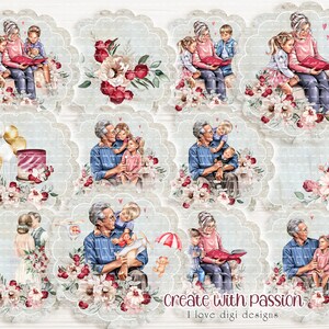Grootmoeders dag digitaal afdrukbaar, Opa's verjaardag collageblad, Aquarel kleinkind ephemera set, Kaartmaken benodigdheden bestand