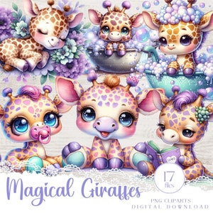 Whimsical baby Giraffe PNG clipart set, 17 printable digital illustrations for DIY, Cartoon style Safari animals without background