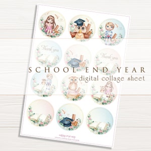 Étiquettes imprimables de la rentrée scolaire pour créer votre propre carte, illustrations de cercles d’aquarelle sur feuille de collage numérique pour le bricolage, thème de remise des diplômes