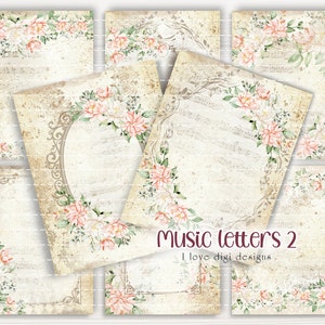 Carte da giornale spazzatura a tema musicale, Modello vintage con bastone e fiori ad acquerello, Fogli digitali per gli amanti del diario e della creazione di carte