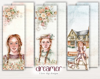 Redhead girl bookmark digital set, Romantic book tags printable, Gift for book lovers