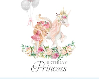 Birthday Princess PNG, Girl with Unicorn clipart, Sublimation design, Printable digital, instant download