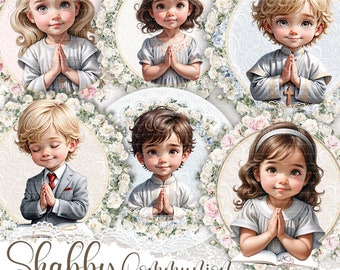 First Communion card-making set of printable labels, Collage sheet with digital praying girls and boys, Craft supplies for DIY greeting card