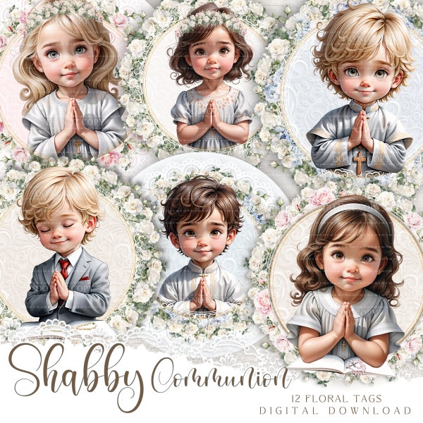 First Communion card-making set of printable labels, Collage sheet with digital praying girls and boys, Craft supplies for DIY greeting card