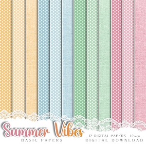 Pacote de papel digital Summer Vibes Watercolor, conjunto de artesanato para impressão para fazer cartões em casa, conjunto de padrões básicos, bolinhas e padrão de tela
