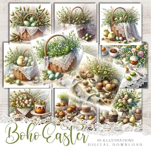 Boho Oster Bundle, Digitale Papiere Kränze und pingelige Schnitte, Florales Scrapbook Set für kreative Arbeit, Aquarellbilder für die Kartenherstellung