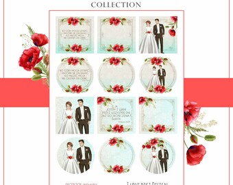 Poppy flowers Wedding tags, Bride and Groom digital collage sheets, Instant download and printable, POLISH language