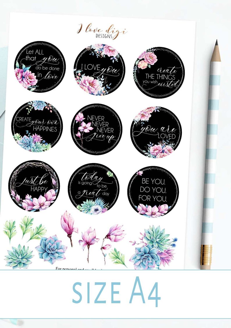 Inspirations, Inspirational quotes , Motivational images with watercolor flowers, digital collage sheet zdjęcie 2