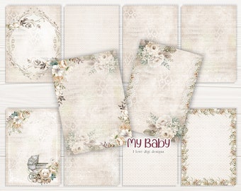 Shabby chic digital crafting papers, Unisex baby themed scrapbook kit for card-making arts, Make your own new-born memories handmade album