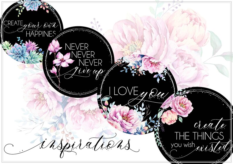 Inspirations, Inspirational quotes , Motivational images with watercolor flowers, digital collage sheet zdjęcie 1