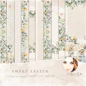 Ostern digitale Papiere, Florales Scrapbook-Set für kreative Arbeiten, Süße Hasen Aquarellbilder zum Kartenmachen, druckbare Frühlingsblumen