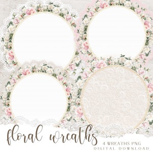 Conjunto de coroa de flores de rosas chiques e gastas para cartões, gráficos PNG florais de primavera, download digital de elementos floridos para confecção de cartões
