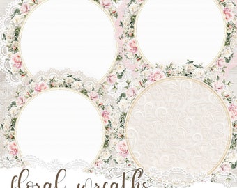 Shabby chic Roses flowery wreath set for greeting cards, Spring floral PNG graphics, Digital download flowery elements for cardmaking