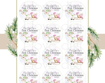 Reindeer Baby's First Christmas tag, Our little one's Christmas gift tag, holiday printable custom present label, unique stylish wrapping,