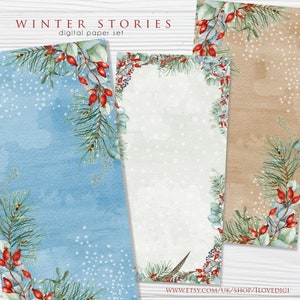 Conjunto de papel RETÂNGULO digital de histórias de inverno, buquês de Natal aquarela eucalipto frutas vermelhas, fundos para impressão, papéis de álbum de recortes