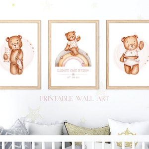 Teddybär personalisierte Wandkunst, 3er Set Baby Geburt Poster, Baby Geschenk für Neugeborene, Geschenk für Neugeborene, Bär auf Regenbogen Druckbares Dekor