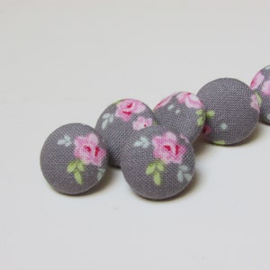 Handmade Small Tilda Gray Pink Rose Floral Flower Fabric Covered Buttons, 6 Buttons