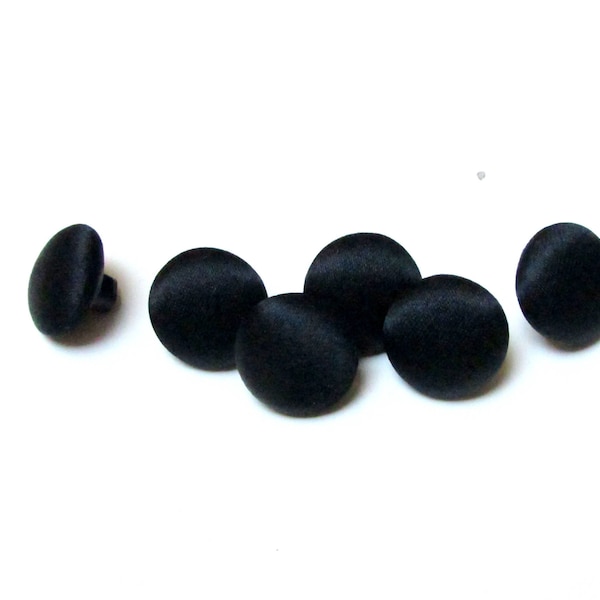 Black Silk Satin Dress Buttons Silk Charmeuse, 6 silk black buttons with black plastic shanks, fabric covered buttons