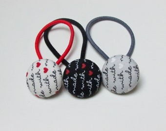 With Love Hair Ties, Handmade White Black Grey Children Girl Fabric Button Ponytail Holder Elastic Hair Ties Girly Gifts