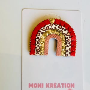 MINA rainbow brooch, recycled leather brooch edged with a gold ball chain and adorned with small hearts. Handmade in France. Mother&#39;s Day capsule collection